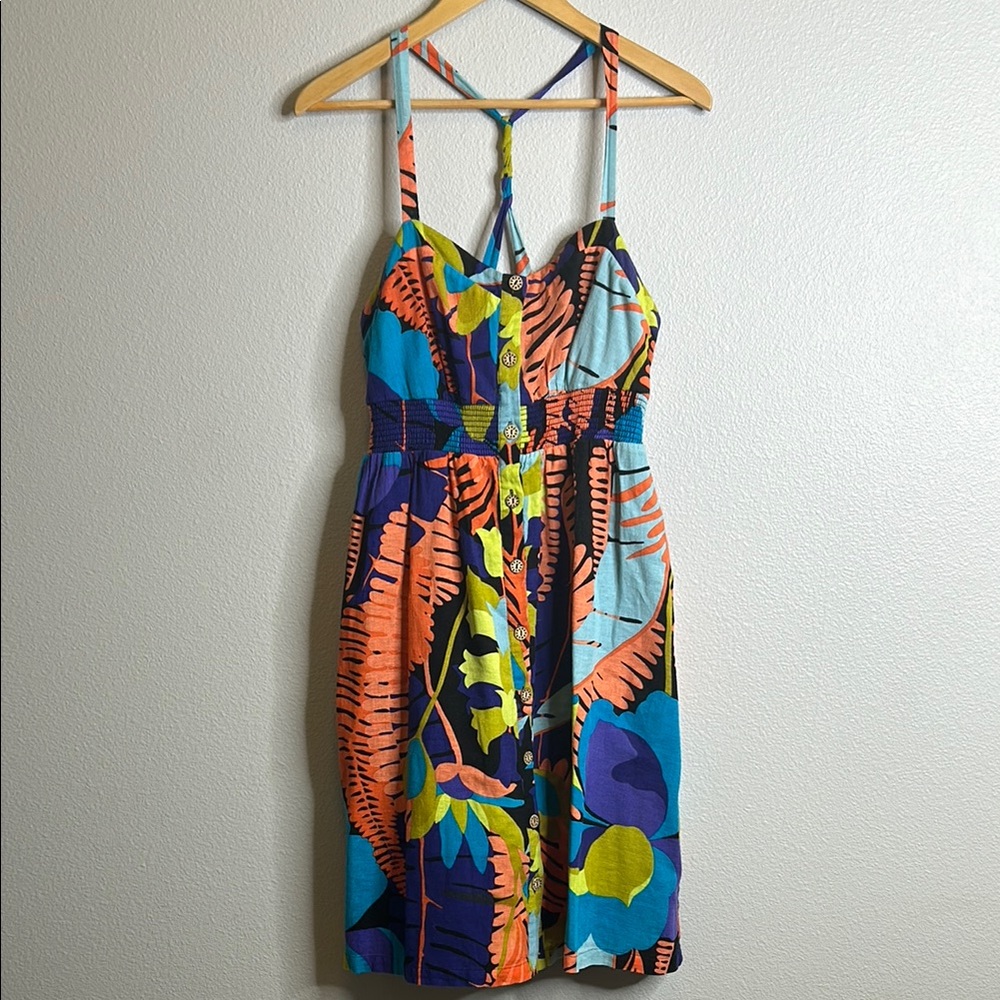 Edme & Esyllte Anthropologie cotton linen pocketed Tropical Print Summer Dress
